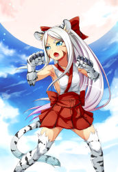 Rule 34 | 1girl, animal ears, bare shoulders, blue eyes, blue sky, blush, breasts, cat ears, cat tail, claws, clenched teeth, cloud, cloudy sky, day, dream demon, facial mark, fangs, feet out of frame, fighting stance, fur, gradient hair, hair ribbon, japanese clothes, long hair, monster girl, multicolored hair, open mouth, original, outdoors, parted bangs, pleated skirt, purple hair, red ribbon, red skirt, ribbon, sash, skirt, sky, small breasts, solo, spiked knuckles, standing, striped, tail, teeth, tiger ears, tiger tail, v-shaped eyebrows, very long hair, vest, whisker markings, white hair
