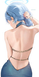 Rule 34 | 1girl, ako (blue archive), ako (dress) (blue archive), ass, back, backless dress, backless outfit, blue archive, blue dress, blue eyes, blue hair, blush, dress, earrings, fingernails, from behind, haruri, highres, jewelry, long hair, nail polish, official alternate costume, pink nails, simple background, solo, white background