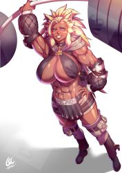 Rule 34 | 1girl, abs, animal ears, artist name, blonde hair, blue eyes, breasts, cat ears, curvy, dark-skinned female, dark skin, eyelashes, facial mark, full body, grin, hand on own hip, hand up, huge breasts, long hair, looking at viewer, midriff, muscular, muscular female, navel, original, phoebus art, raised eyebrow, shadow, shiny clothes, shiny skin, smile, solo, spiked hair, standing, teeth, thick thighs, thighs, tribal, weights, white background