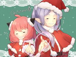 Rule 34 | 2girls, absurdres, anya&#039;s heh face (meme), anya (spy x family), child, christmas, crossover, drop earrings, earrings, elf, frieren, fur-trimmed headwear, fur trim, hairpods, hat, highres, hiragana sherry, jewelry, long hair, long sleeves, meme, merry christmas, multiple girls, parted bangs, pink hair, pointy ears, red headwear, santa costume, santa hat, smug, sousou no frieren, spy x family, tanezaki atsumi, twintails, voice actor connection, white hair