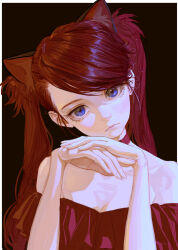 Rule 34 | 1girl, animal ears, bare shoulders, black background, blue eyes, breasts, brown hair, cat ears, cleavage, closed mouth, collarbone, expressionless, feifei (fkey), fingernails, fkey, hair between eyes, head tilt, highres, long hair, looking at viewer, medium breasts, original, own hands together, simple background, solo, swept bangs, twintails, upper body