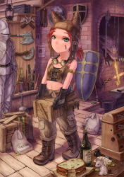 Rule 34 | 1girl, absurdres, arm strap, armor, axe, bad id, bad pixiv id, bandages, bandaid, boots, bottle, bullet, cash register, coin, crate, cyrillic, dragon, fantasy, fire, food, full armor, gloves, goggles, goggles around neck, green eyes, hat, hat with ears, highres, kurione (zassou), lamp, leather, leather armor, leather gloves, leather harness, leather hat, leather vest, midriff, mouse (animal), navel, original, ponytail, red hair, russian text, sandwich, shield, shop, short hair, solo, sword, tools, weapon, wooden floor