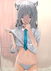 Rule 34 | 1girl, absurdres, animal ear fluff, animal ears, blue archive, blue necktie, breast pocket, cellphone, clothes lift, collared shirt, cowboy shot, cross hair ornament, disuto, grey hair, hair ornament, halo, highres, holding, holding phone, indoors, lifting own clothes, long hair, navel, necktie, panties, phone, pocket, selfie, shiroko (blue archive), shirt, shirt lift, smartphone, solo, underwear, white panties, white shirt, wolf ears