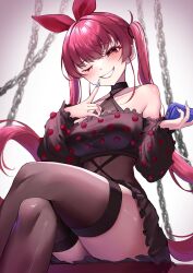 Rule 34 | 1girl, absurdres, alternate costume, black shirt, black thighhighs, blue nails, blush, bow, breasts, cleavage, crossed legs, finger to mouth, hair bow, halterneck, heart, heart in eye, highres, hololive, houshou marine, large breasts, long hair, looking at viewer, nail polish, one eye closed, red bow, scarf (50464982), shirt, smile, solo, symbol in eye, thighhighs, twintails, virtual youtuber