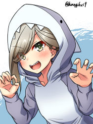 Rule 34 | 1girl, ahoge, alternate costume, animal costume, animal hood, asashimo (kancolle), commentary request, curled fingers, grey eyes, hair over one eye, highres, hood, kantai collection, kazami ren (fuushagoya), looking at viewer, one-hour drawing challenge, open mouth, ponytail, shark costume, sharp teeth, silver hair, smile, solo, teeth, upper body