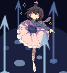 Rule 34 | 1other, ballerina, ballet slippers, black background, blue shirt, blush, brown hair, child, closed eyes, closed mouth, facing viewer, frisk (undertale), full body, hair between eyes, highres, long sleeves, nikorashi-ka, official alternate costume, outstretched arms, pink skirt, polearm, purple shirt, shirt, short hair, skirt, sparkle, spear, standing, standing on one leg, striped clothes, striped shirt, tutu, undertale, v-shaped eyebrows, weapon, white footwear