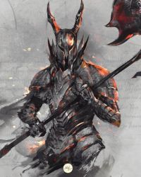 Rule 34 | 1other, armor, black knight (dark souls), breastplate, commentary, cowboy shot, dark souls (series), dark souls i, english commentary, fake horns, full armor, gauntlets, grey background, helmet, highres, holding, holding polearm, holding weapon, horned helmet, horns, looking at viewer, pauldrons, polearm, shimhaq, shoulder armor, signature, solo, weapon
