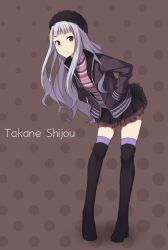 Rule 34 | 1girl, bad id, bad pixiv id, boots, casual, hands in pockets, hat, idolmaster, idolmaster (classic), jacket, leaning forward, legs, long hair, polka dot, polka dot background, red eyes, shijou takane, silver hair, skirt, solo, thigh boots, thighhighs, yuuhi, yuuhi (ages)