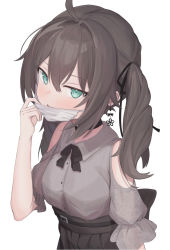 Rule 34 | 1girl, absurdres, ahoge, black ribbon, blue eyes, blush, bow, bowtie, breasts, brown bow, brown bowtie, brown choker, brown hair, brown skirt, choker, clothing cutout, earrings, grey shirt, hair between eyes, hair ribbon, high-waist skirt, highres, hololive, jewelry, long hair, looking at viewer, mask, mask pull, mouth mask, natsuiro matsuri, natsuiro matsuri (casual), ribbon, shirt, short sleeves, shoulder cutout, simple background, skirt, solo, twintails, up (osk50217), upper body, virtual youtuber, white background