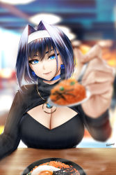 Rule 34 | 1girl, black sweater, blue choker, blue eyes, blue hair, blurry, blurry background, blurry foreground, bow, bow earrings, breasts, choker, cleavage, cleavage cutout, clothing cutout, depth of field, earrings, easonx, egg (food), food, hair between eyes, hair intakes, hairband, highres, holding, holding spoon, hololive, hololive english, incoming food, jewelry, large breasts, long sleeves, looking at viewer, medium hair, necklace, ouro kronii, parted lips, signature, solo, spoon, sweater, turtleneck, turtleneck sweater, upper body, virtual youtuber, white hairband