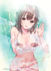 Rule 34 | 1girl, against glass, arm behind back, bare arms, bare shoulders, bikini, breasts, brown eyes, brown hair, cleavage, collarbone, commentary request, hanekoto, highres, long hair, looking at viewer, medium breasts, navel, original, parted lips, pink bikini, smile, solo, swimsuit, twitter username, upper body, water, wet