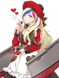 Rule 34 | 10s, 1girl, belt, beret, blonde hair, blue eyes, blue hair, brown scarf, chocolate, commandant teste (kancolle), english text, food, happy valentine, hat, heart, holding, holding food, jpeg artifacts, kantai collection, long hair, long sleeves, morinaga miki, multicolored hair, open mouth, plaid, plaid scarf, pom pom (clothes), red hair, scarf, solo, valentine, white background