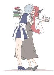 Rule 34 | 2girls, 3692materia, apron, back, bat wings, blue dress, blue eyes, blush, book, book stack, bow, braid, cup, dress, dress shirt, dropping, frills, full body, hand on another&#039;s shoulder, high heels, highres, holding, holding book, imminent kiss, izayoi sakuya, koakuma, large bow, leaning back, leaning forward, loafers, long sleeves, looking at another, maid, maid headdress, multiple girls, necktie, puffy short sleeves, puffy sleeves, red eyes, red hair, red necktie, shirt, shoes, short hair, short sleeves, sidelocks, silver hair, simple background, skirt, skirt set, teacup, teapot, tiptoes, touhou, tray, twin braids, vest, waist apron, white background, white shirt, wide-eyed, wings, yuri