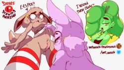 Rule 34 | 3girls, animal ears, arm up, artist name, bare shoulders, blue eyes, blush, borrowed character, breasts, brown hair, character name, christmas, cleavage, clitoral hood, clitoris, clothes lift, colored skin, creatures (company), diives, ear piercing, eevee, embarrassed, english text, espeon, fang, female focus, fox tail, from below, fur-trimmed skirt, fur trim, furry, furry female, game freak, gen 1 pokemon, gen 2 pokemon, glasses, gluteal fold, green hair, green skin, grey background, hair bobbles, hair ornament, hair over one eye, hair stick, hair tie, half-closed eyes, hand up, heart, highres, legs apart, looking at another, looking down, miniskirt, multiple girls, navel, nintendo, nipples, nude, open mouth, patreon logo, patreon username, personification, piercing, pink hair, pokemon, pokemon (creature), pussy, pussy juice, red legwear, red skirt, signature, simple background, skirt, skirt lift, small breasts, spoken heart, standing, striped legwear, surprised, tail, talking, teeth, text focus, thighhighs, topless, uncensored, wide-eyed, yellow eyes, yuri