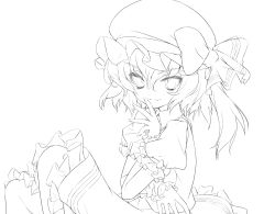 Rule 34 | 1girl, female focus, flandre scarlet, from side, gotou nao, greyscale, hair between eyes, hat, lineart, mob cap, monochrome, one side up, simple background, solo, touhou, white background