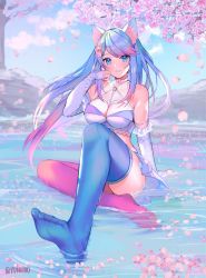 Rule 34 | 1girl, animal ears, bare shoulders, blue eyes, blue hair, blue sky, blue thighhighs, breasts, cherry blossoms, choker, cleavage, cloud, commission, elbow gloves, falling petals, feet, fingernails, fishnet gloves, fishnets, flower, flower choker, gloves, gradient hair, hair flower, hair ornament, highres, large breasts, long fingernails, long hair, looking at viewer, multicolored hair, open mouth, petals, petals on liquid, pink hair, pink thighhighs, sidelocks, silvervale, sitting, skirt, sky, smile, solo, swept bangs, thighhighs, thighs, toes, tree, twitter username, two-tone hair, two-tone legwear, virtual youtuber, vshojo, white skirt, wolf ears, yuniiho, zettai ryouiki