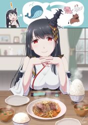 Rule 34 | 1girl, animal, bare shoulders, bird, black hair, bowl, breasts, chicken, chopsticks, closed mouth, commentary request, cow, detached sleeves, food, fusou (kancolle), hair ornament, japanese clothes, kantai collection, large breasts, long hair, looking at viewer, meat, miso soup, nao (nao eg), nontraditional miko, pig, red eyes, rice, rice bowl, signature, smile, solo, upper body, whale, white sleeves, wide sleeves