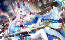 Rule 34 | 119, 1girl, breasts, capelet, castle, choker, cleavage, closed mouth, collarbone, commentary request, detached sleeves, dragon, heterochromia, highres, horns, knees together feet apart, large breasts, long hair, looking at viewer, looking to the side, original, outdoors, red ribbon, ribbon, sitting, smile, solo, thighhighs, very long hair, white hair, white thighhighs, wide sleeves, zettai ryouiki