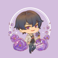 Rule 34 | 1boy, :d, black shirt, blue pants, bouquet, character name, chibi, cwilocky, earrings, flower, holding, holding bouquet, jacket, jewelry, long sleeves, looking at viewer, male focus, marius von hagen (tears of themis), open mouth, pants, purple background, purple eyes, purple flower, purple hair, shirt, short hair, simple background, smile, solo, tears of themis, white jacket