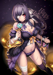 Rule 34 | 1girl, aruma jiki, babydoll, bandages, bandage over one eye, basket, breasts, candy, cleavage, eyepatch, food, frilled panties, frills, from above, halloween, happy halloween, jack-o&#039;-lantern, large breasts, lollipop, long hair, looking at viewer, navel, original, panties, purple hair, red eyes, scar, single thighhigh, solo, stitches, thighhighs, underwear, zombie