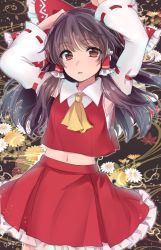 Rule 34 | 1girl, arms up, artist name, asa (coco), aura, bow, breasts, brown hair, collared shirt, cowboy shot, detached sleeves, expressionless, floral background, frilled bow, frilled skirt, frills, hair bow, hair tubes, hakurei reimu, layered clothes, light, long hair, looking at viewer, midriff, navel, parted lips, patterned background, red eyes, red shirt, red skirt, ribbon-trimmed sleeves, ribbon trim, shirt, skirt, small breasts, solo, stomach, touhou, tree shade, white shirt
