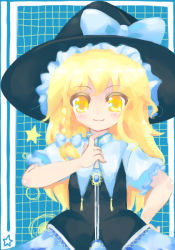 Rule 34 | 1girl, 23, 23 (candy chapus), blonde hair, blue background, bow, braid, brooch, checkered background, female focus, flat chest, frills, hair bow, hand on own hip, hat, hat bow, jewelry, kirisame marisa, light smile, long hair, looking at viewer, short sleeves, side braid, sidelocks, skirt, smile, solo, star (symbol), touhou, vest, witch hat, yellow eyes