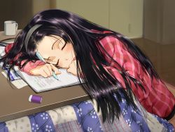Rule 34 | 1girl, black hair, blush, cup, dokiyuri, eraser, hairband, highres, kotatsu, long hair, mechanical pencil, mug, original, pencil, sleeping, table