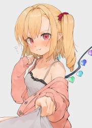 Rule 34 | 1girl, alternate costume, artist name, bare shoulders, blonde hair, blush, breasts, camisole, cardigan, cleavage, crying, flandre scarlet, gotou (nekocat), hair ribbon, highres, pointy ears, pout, red eyes, ribbon, shirt grab, side ponytail, touhou, wings