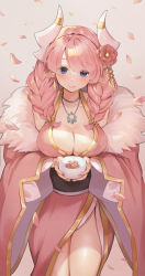 Rule 34 | 1girl, absurdres, blue eyes, blush, braid, breasts, dragon girl, dragon horns, flower, hair flower, hair ornament, highres, horns, lairei yen, lairei yen (light), laon, large breasts, looking at viewer, lord of heroes, pale skin, pink hair, pointy ears, revealing clothes, solo, thick thighs, thighs, traditional clothes, twin braids, white horns