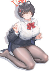 Rule 34 | 1girl, animal ears, black hair, black pantyhose, blue archive, bow, bowtie, bra visible through clothes, breasts, extra ears, fangxiang cuoluan, hair between eyes, halo, highres, large breasts, long sleeves, looking at viewer, official alternate costume, one eye closed, open mouth, pantyhose, raccoon ears, red bow, red bowtie, shirt, short hair, simple background, sitting, skirt, tsubaki (blue archive), tsubaki (guide) (blue archive), white background, white shirt