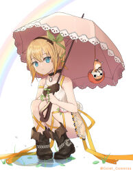 Rule 34 | 1girl, black choker, black footwear, blonde hair, blue eyes, boots, bow, brown gloves, brown hairband, choker, coletta (colet colettia), commentary, dress, edna (tales), gloves, green bow, green ribbon, hair bow, hair ribbon, hairband, highres, holding, holding umbrella, looking at viewer, normin (tales), pendant choker, phoenix (tales), pink umbrella, puddle, rainbow, ribbon, side ponytail, single glove, solo, squatting, strap slip, tales of (series), tales of zestiria, umbrella, upper body, white background, white dress