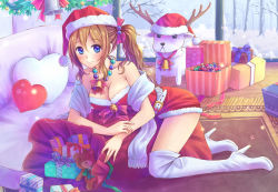 Rule 34 | 1girl, bare shoulders, bare tree, bell, blue eyes, blush, boots, breasts, brown hair, christmas, cleavage, collarbone, gift, hair bobbles, hair ornament, heart, heart-shaped pillow, high heel boots, high heels, large breasts, looking at viewer, original, pillow, sack, scarf, shoes, side ponytail, smile, snow, solo, stiletto heels, stuffed animal, stuffed toy, suikakitsu shiro, teddy bear, thigh boots, thighhighs, tree, window, xia you qing