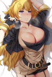 Rule 34 | 1girl, arms up, belt, black gloves, blonde hair, breasts, cleavage, collarbone, eyebrows, fingerless gloves, garter straps, gloves, hews, large breasts, long hair, looking at viewer, lying, on back, open clothes, purple eyes, rwby, smile, solo, sweat, vambraces, very long hair, yang xiao long