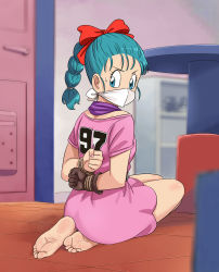 Rule 34 | 1girl, absurdres, arms behind back, ass, barefoot, bdsm, blue eyes, blue hair, bondage, bound, bound wrists, breasts, bulma, cloth gag, dragon ball, from behind, gag, gagged, highres, improvised gag, legs, lost one zero, medium breasts, over the nose gag, sideboob