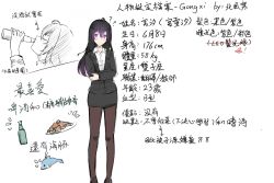 Rule 34 | 1girl, ?, ahoge, bad id, bad pixiv id, beer bottle, beifeng han, black hair, character profile, chinese text, commentary request, dolphin, drinking, closed eyes, formal, glowing, hair between eyes, long hair, miyaura sanshio, multiple views, office lady, original, pantyhose, pencil skirt, purple eyes, skirt, skirt suit, suit, translation request