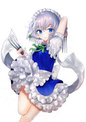 Rule 34 | 1girl, arm behind head, arm up, between fingers, blue eyes, blue skirt, blue vest, blush, braid, commentary, contrapposto, cowboy shot, frilled skirt, frills, green neckwear, green ribbon, hair between eyes, holding, holding knife, izayoi sakuya, knife, looking at viewer, maid headdress, petticoat, puffy short sleeves, puffy sleeves, ribbon, sakizaki saki-p, shirt, short hair, short sleeves, silver hair, simple background, skirt, smile, solo, standing, standing on one leg, touhou, twin braids, twitter username, vest, white background, white shirt