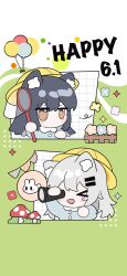 Rule 34 | &gt; o, 2girls, ;d, animal, animal ear fluff, animal ears, arknights, balloon, black hair, blue flower, blue shirt, brown eyes, bug, butterfly, butterfly net, chibi, children&#039;s day, collared shirt, commentary request, flower, fly agaric, grey hair, hair ornament, hairclip, hand net, hat, highres, holding, insect, kindergarten uniform, lappland (arknights), multiple girls, mushroom, one eye closed, open mouth, pennant, pink flower, school hat, shirt, smile, spyglass, string of flags, texas (arknights), transparent, xijian, yellow headwear