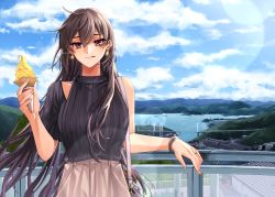 Rule 34 | 1girl, alternate costume, black hair, black shirt, blouse, blue sky, cloud, commentary request, cowboy shot, day, food, ice cream, kantai collection, lens flare, long hair, looking at viewer, machi (ritovoyage), mountain, nagato (kancolle), outdoors, panties, railing, red eyes, scenery, shirt, sky, solo, underwear, white panties