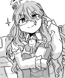 Rule 34 | 1girl, adjusting eyewear, ascot, blush, bottle, breasts, closed mouth, collared shirt, corset, frilled sleeves, frills, glasses, greyscale, hair between eyes, hair ornament, hat, highres, holding, holding bottle, kantai collection, long hair, long sleeves, looking at viewer, machinery, mini hat, monochrome, pola (kancolle), poyo (hellmayuge), rigging, shirt, simple background, smile, solo, sparkle, thick eyebrows, tilted headwear, upper body, wavy hair, white background, wine bottle
