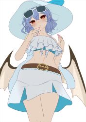Rule 34 | 1girl, bare shoulders, bat wings, colored lineart, glasses, highres, looking at viewer, navel, open mouth, orange eyes, purple hair, remilia scarlet, remilia scarlet (vampire prepared for splashes and sunlight), shounen (hogehoge), touhou, touhou lostword, white background, wings