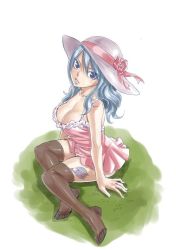 Rule 34 | 1girl, bad id, bad twitter id, blue eyes, blue hair, breasts, cleavage, dress, fairy tail, feet, hat, hat ribbon, juvia lockser, large breasts, long hair, looking at viewer, mashima hiro, matching hair/eyes, official art, parted lips, ribbon, short dress, sitting, solo, tattoo, thighhighs