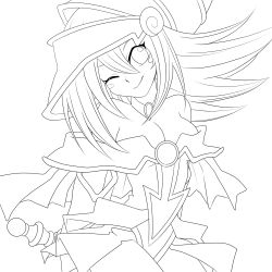 Rule 34 | 1girl, bad id, bad pixiv id, bare shoulders, blush stickers, boots, breasts, choker, cleavage, dark magician girl, detached sleeves, duel monster, greyscale, hat, lineart, medium breasts, minmin-zemi (lover paradox), monochrome, one eye closed, smile, solo, staff, transparent background, wand, wink, wizard hat, yu-gi-oh!, yuu-gi-ou, yu-gi-oh! duel monsters
