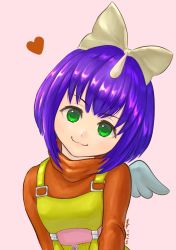 Rule 34 | 1girl, blue hair, bow, closed mouth, eiko carol, final fantasy, final fantasy ix, green eyes, hair bow, highres, horns, looking at viewer, short hair, simple background, single horn, smile, solo, wings, yellow bow, yuuki inoue