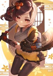 Rule 34 | 1girl, :d, black gloves, black pantyhose, black thighhighs, blush, breasts, brown hair, chiori (genshin impact), cowboy shot, drill hair, drill ponytail, egasumi, elbow gloves, flower, genshin impact, gloves, gradient hair, grey shirt, grin, hair ornament, highres, holding, holding sword, holding weapon, long sleeves, looking at viewer, medium breasts, miniskirt, mokankan, multicolored hair, open mouth, pantyhose, parted bangs, petticoat, pleated skirt, red eyes, red hair, shirt, short hair, side ponytail, skirt, sleeveless, sleeveless shirt, smile, solo, sword, teeth, thighhighs, thighhighs over pantyhose, weapon, yellow flower, yellow skirt
