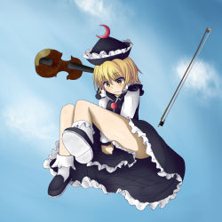 Rule 34 | 1girl, blonde hair, bow (music), crescent, female focus, hat, holding clothes, holding skirt, instrument, lunasa prismriver, shiraso (silaso), silaso, skirt, skirt tug, solo, touhou, v arms, violin, yellow eyes