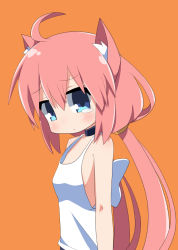 Rule 34 | 1girl, ahoge, animal ear fluff, animal ears, bare arms, bare shoulders, black choker, blue eyes, blush, cat ears, choker, closed mouth, commentary request, hair between eyes, hinata channel, long hair, looking at viewer, looking to the side, low twintails, nekomiya hinata, orange background, osaragi mitama, pink hair, shirt, simple background, solo, tank top, twintails, very long hair, virtual youtuber, white shirt