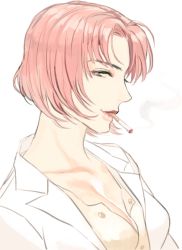 Rule 34 | 1girl, breasts, character request, cigarette, cleavage, coat, collarbone, copyright request, highres, large breasts, lips, neck, pink hair, profile, purple eyes, short hair, smoking, solo, supocon, unbuttoned, upper body