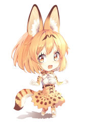 Rule 34 | 1girl, absurdres, animal ears, animal ears (norankkori), blush, bow, bowtie, brown eyes, chibi, elbow gloves, full body, gloves, highres, kemono friends, looking at viewer, open mouth, orange hair, orange skirt, orange thighhighs, serval (kemono friends), serval tail, short hair, skirt, smile, solo, tail, thighhighs