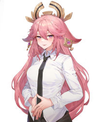 Rule 34 | 1girl, alternate costume, animal ears, black necktie, breasts, commentary, fox ears, genshin impact, hair between eyes, highres, large breasts, long hair, long sleeves, looking at viewer, nail polish, necktie, parted lips, pink hair, pink nails, purple eyes, qingshu, shirt, simple background, smile, solo, steepled fingers, upper body, very long hair, white background, white shirt, yae miko