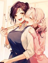 Rule 34 | 2girls, ahoge, apron, blush, brown eyes, brown hair, chopsticks, closed eyes, collared shirt, egg (food), facing another, feeding, food, from side, hands on another&#039;s shoulders, heart, highres, holding, holding chopsticks, long sleeves, looking at another, mizuki fua, mole, mole under eye, multiple girls, nijisanji, omelet, open mouth, shirayuki tomoe, shirt, silver hair, sukoya kana, twintails, upper body, virtual youtuber, yuri